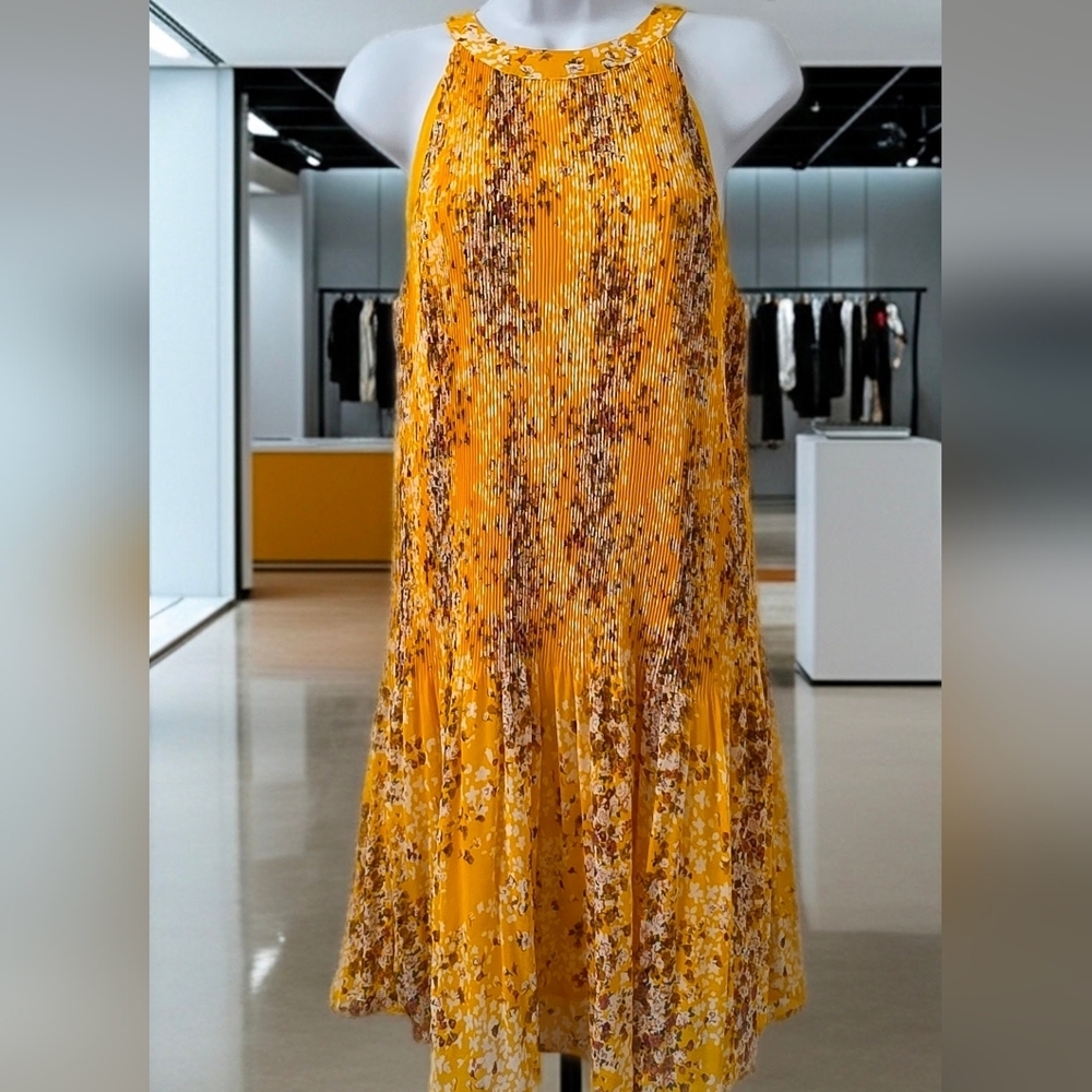 560. Maison d'Amélie Yellow Pleated Floral Halter Mini Dress- Medium